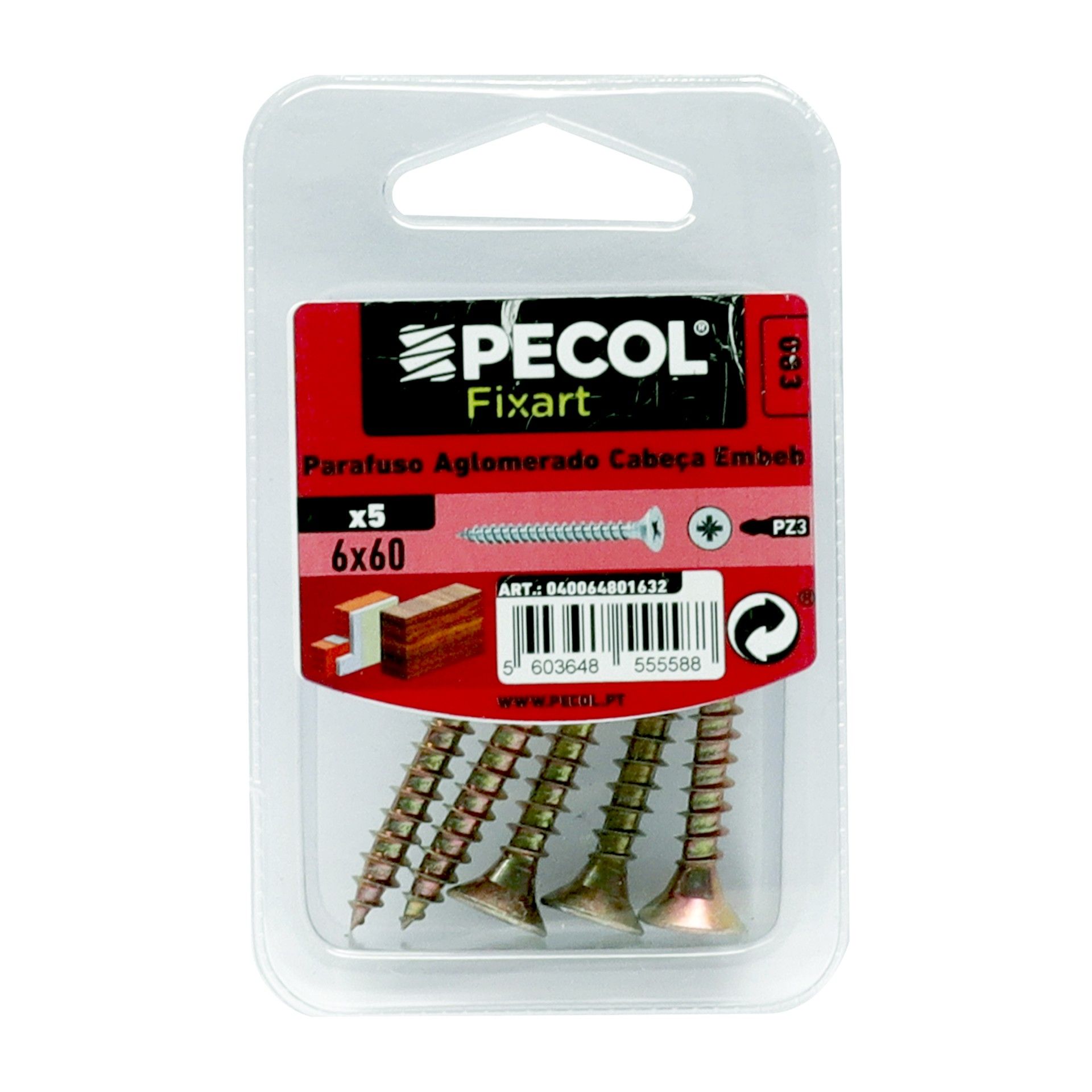 Parafuso Aglomerado Cabeça Embeber Pz 6x60