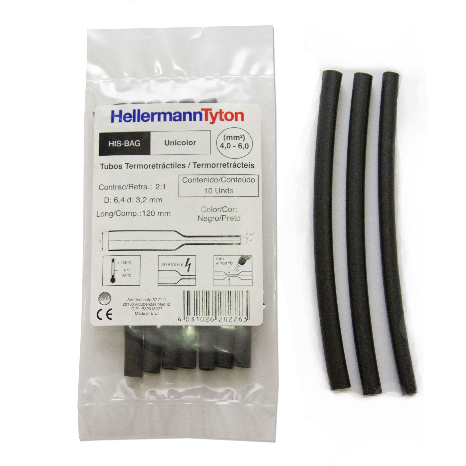 Tubo Termo Retrátil 64diam 6,4mm Preto 10 unidades