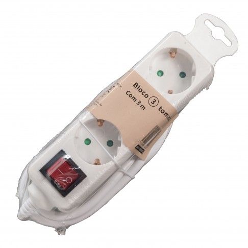 Bloco 3 Tomadas Com Interruptor e Cabo 3mx1.5mm Bloco 3 Tomadas Com Interruptor e Cabo 3mx1.5mm