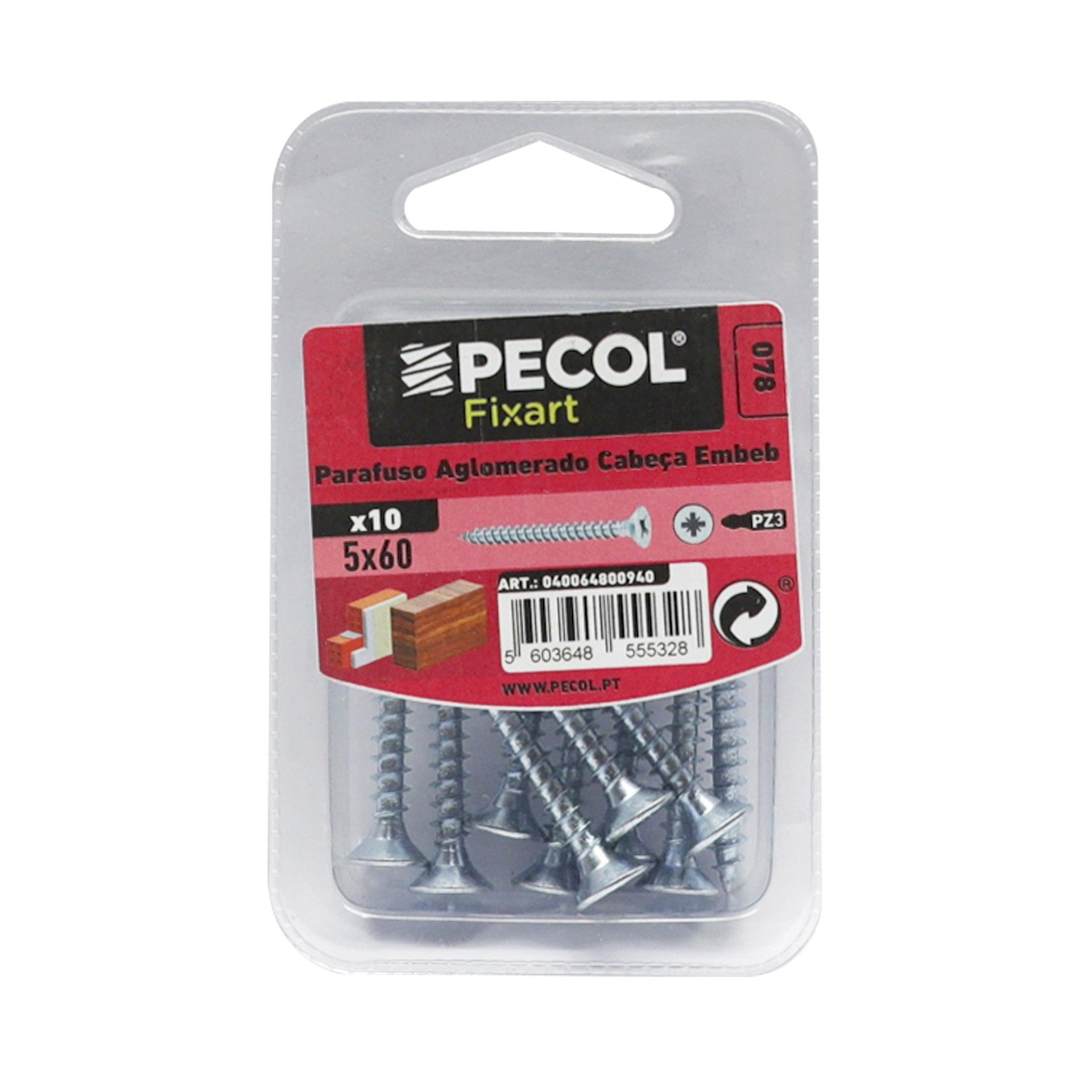 Parafuso Aglomerado Cabeça Embeber Pz 5x60 Zn Bl 10