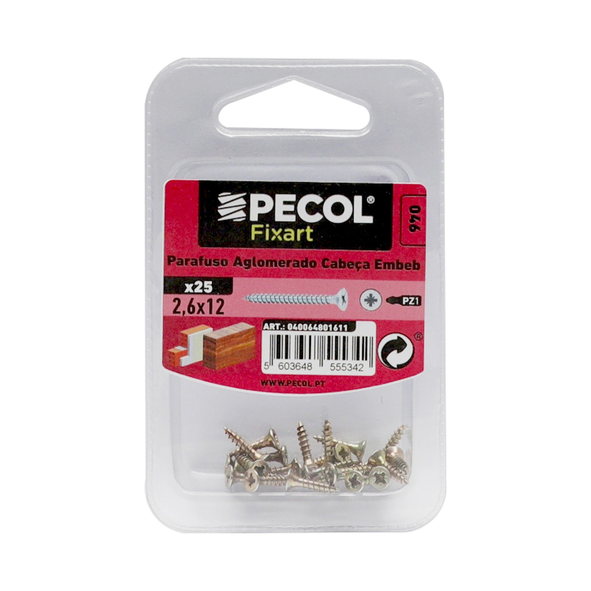 Parafuso Aglomerado Cabeça Embeber Pz 2,6x12 Aço P.A Bl 25