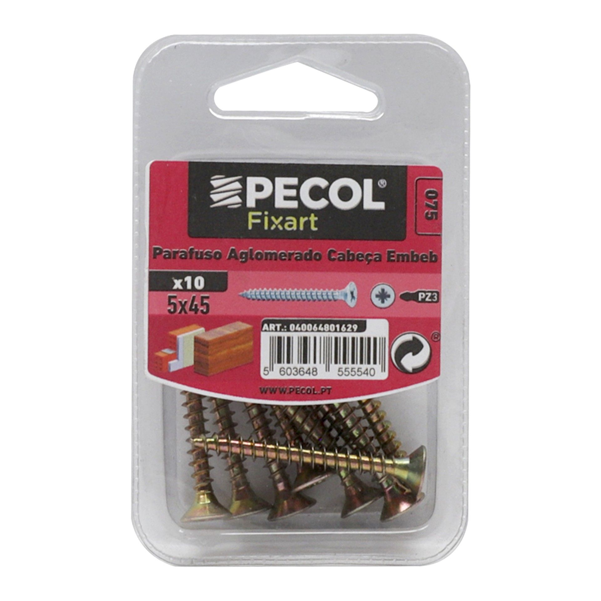 Parafuso Aglomerado Cabeça Embeber Pz 5x45 Aço P.A Bl 10