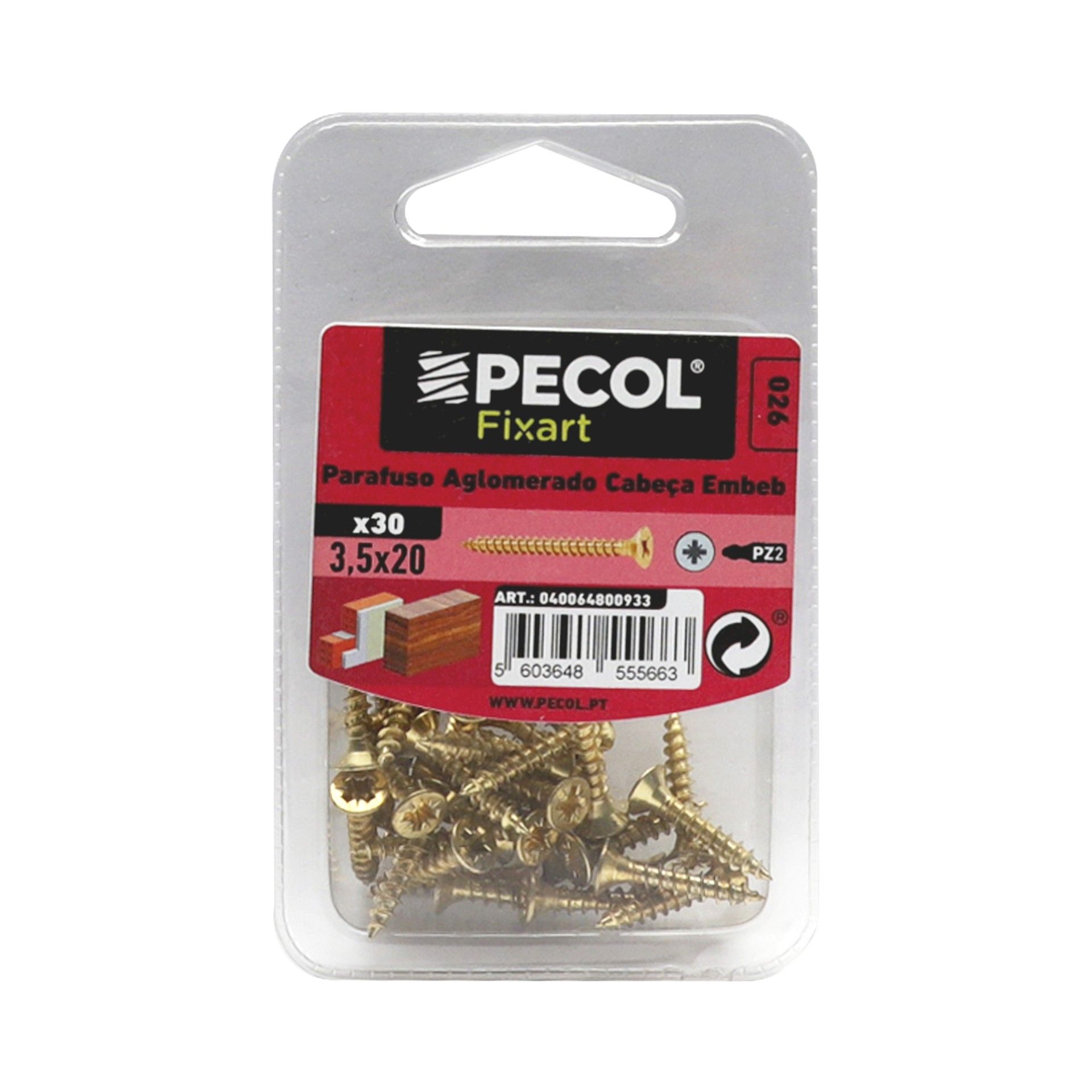 Parafuso Aglomerado Cabeça Embeber Pz 3.5x20 Laton Bl 30