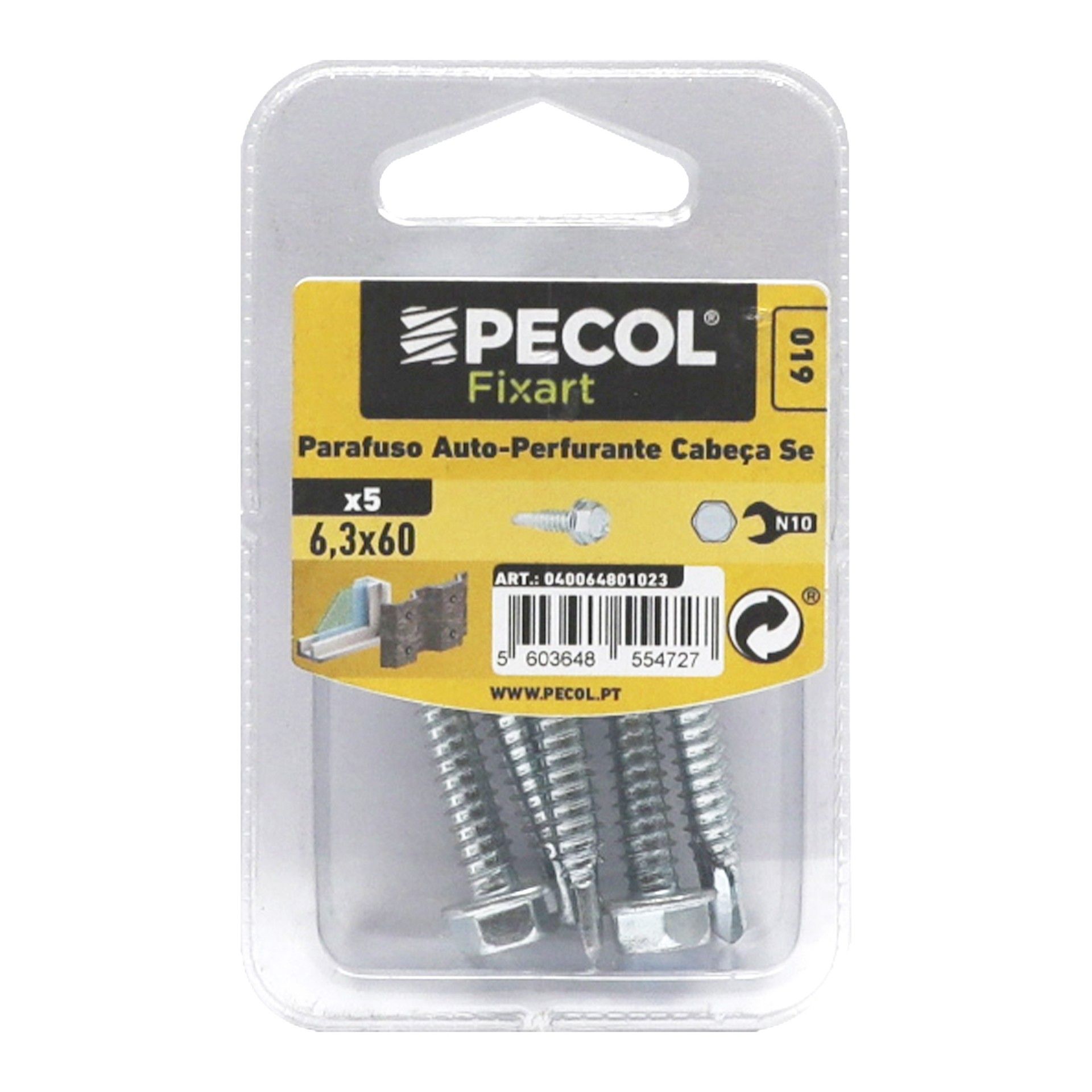 Parafuso Auto-perfurante Sextavado 6,3x60 Aço Zn Bl 5