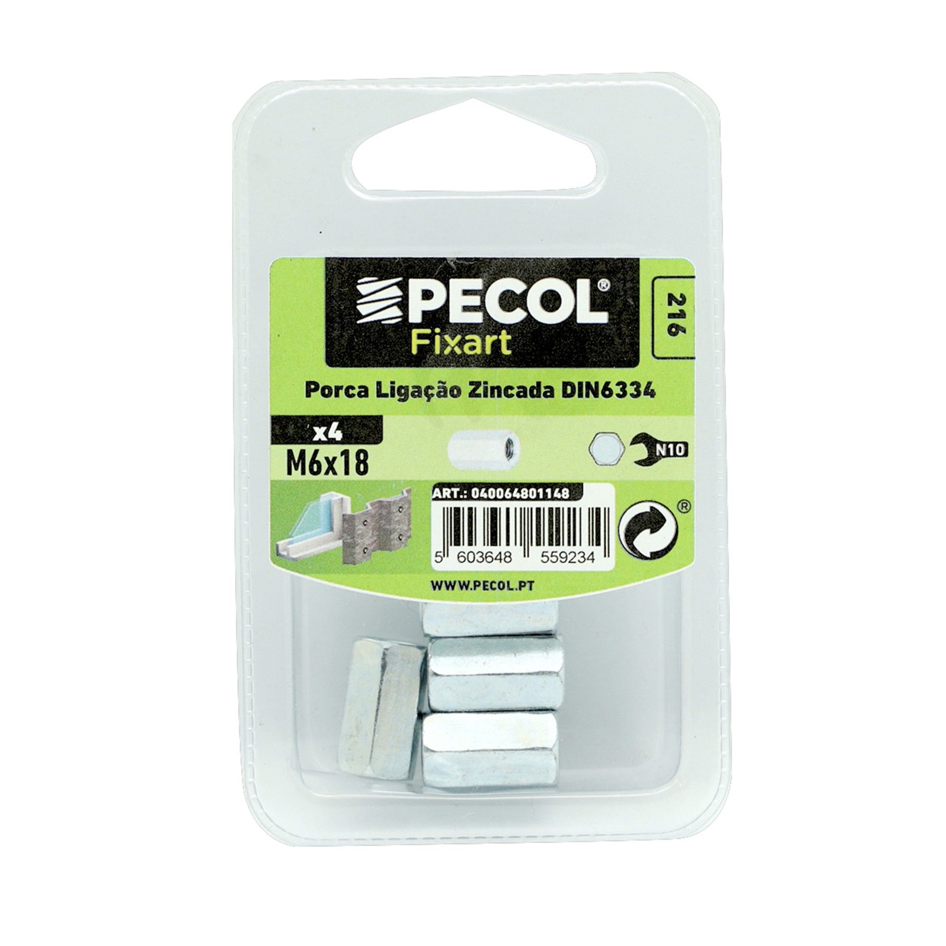 Porca Ligação M6x18 Fe Zn Bl 4