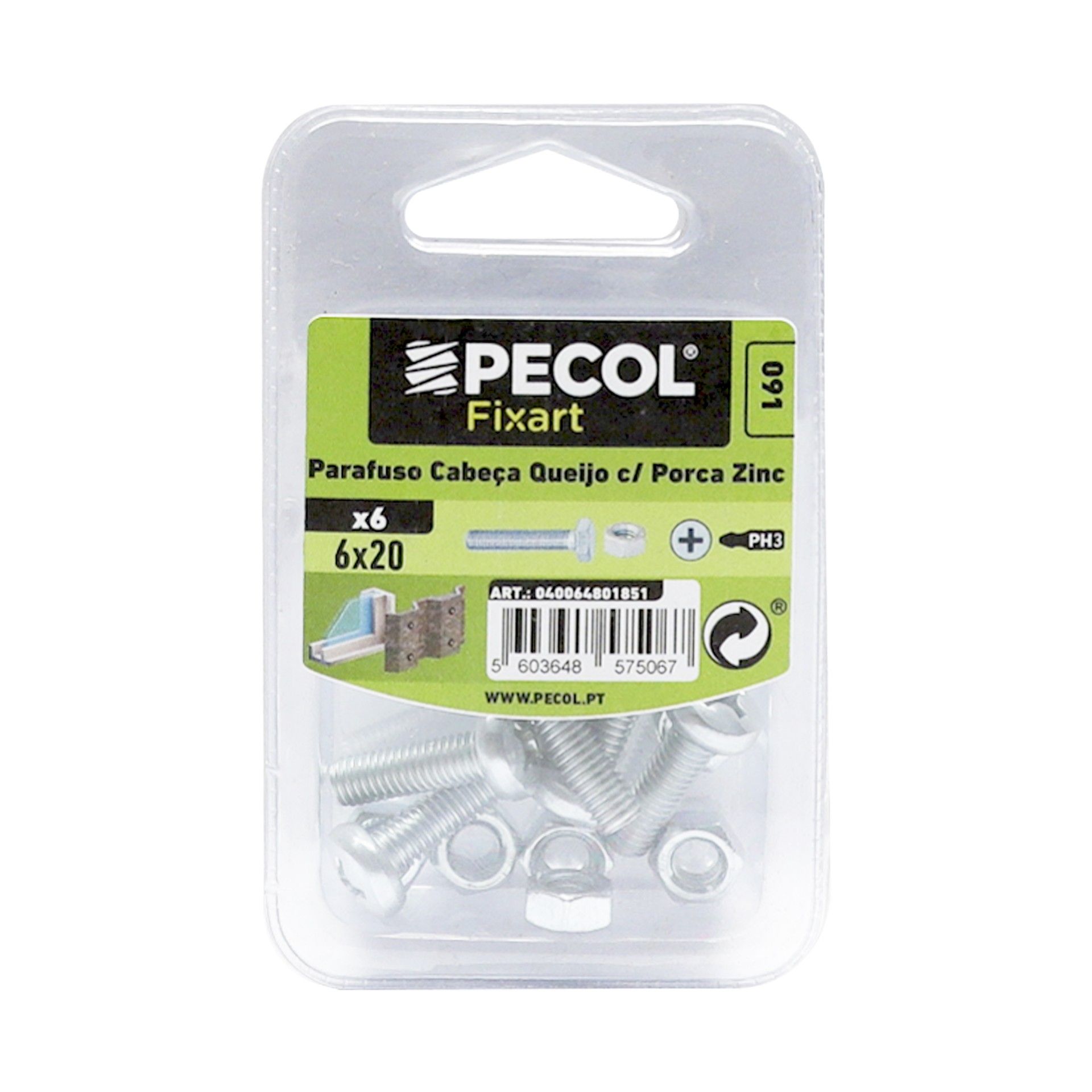 Parafuso Cabeça Queijo M6x20 + Porca Zn Bl 12