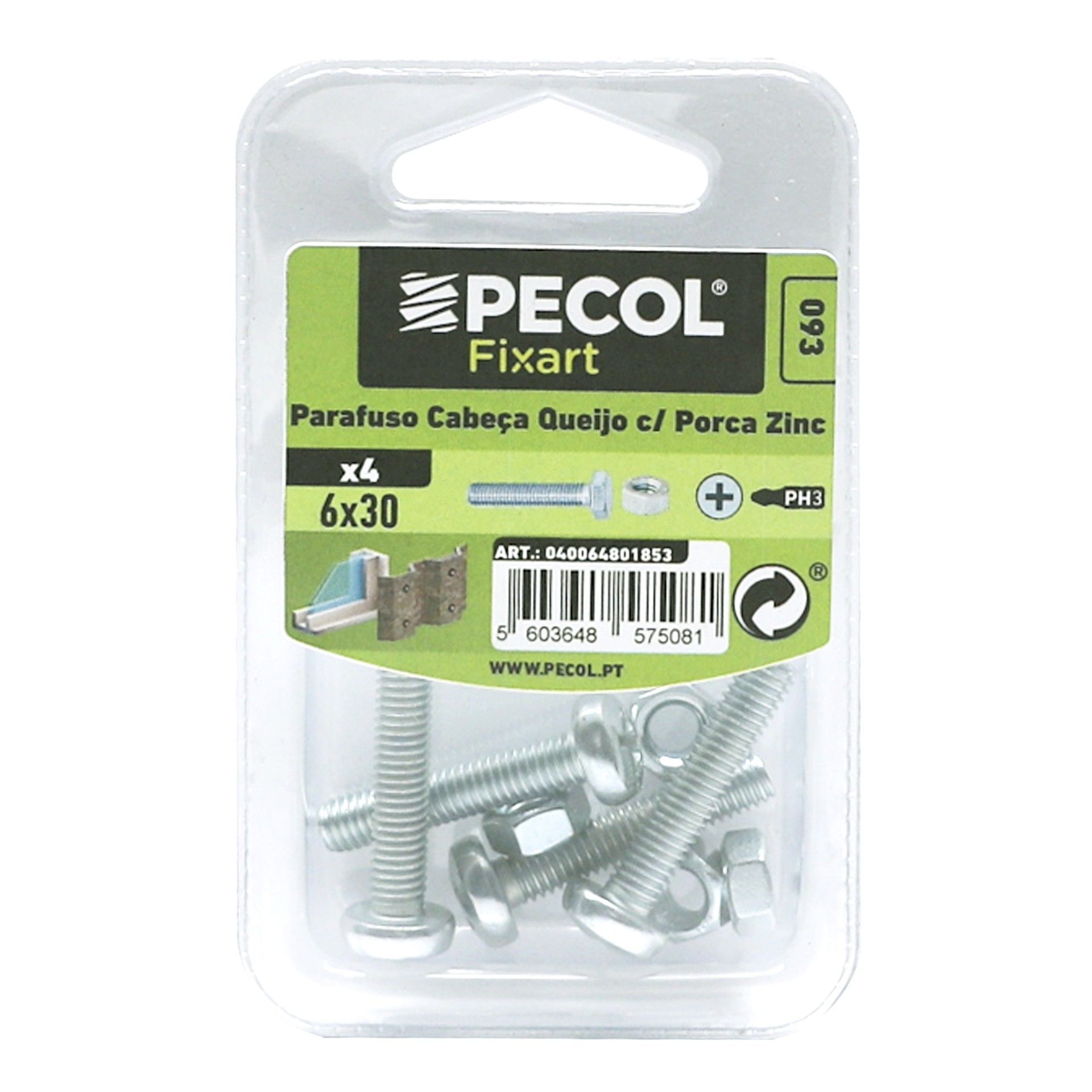 Parafuso cabeça Q. M6x30 + Porca Zn Bl 8