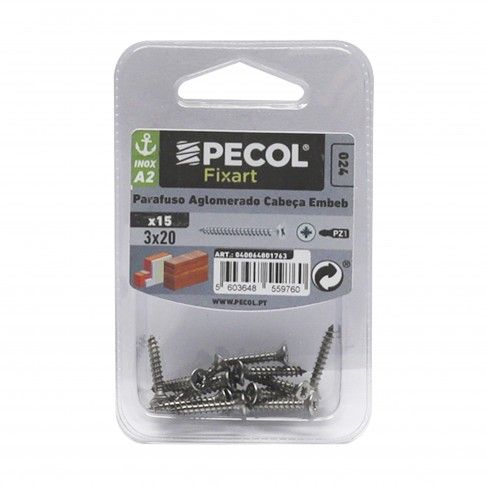 Parafuso aglomerado Cabe�a Embeber Pz A2 3x20 Inox Bl 15