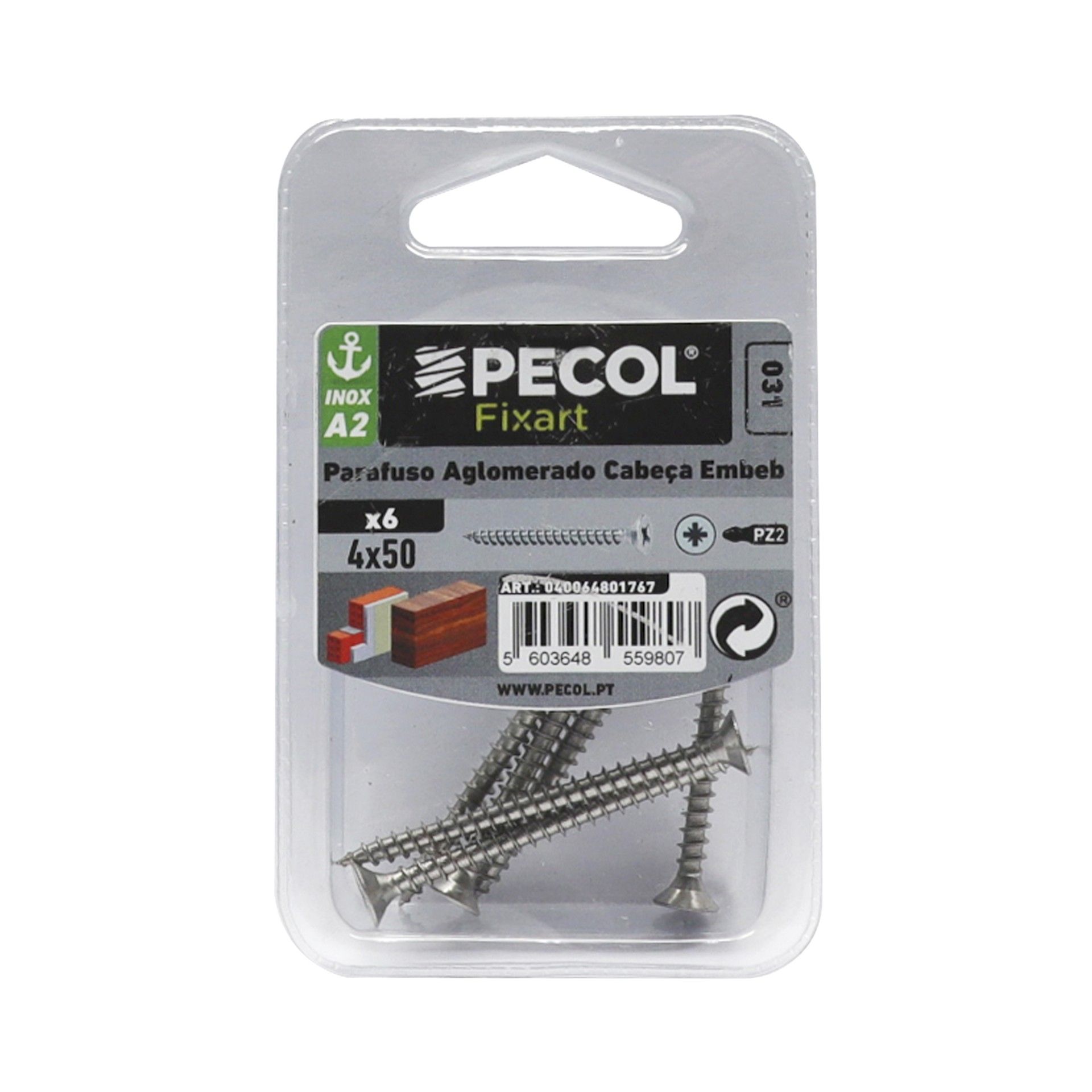 Parafuso Aglomerado Cabeça Embeber Pz A2 4x50 Inox Bl 6