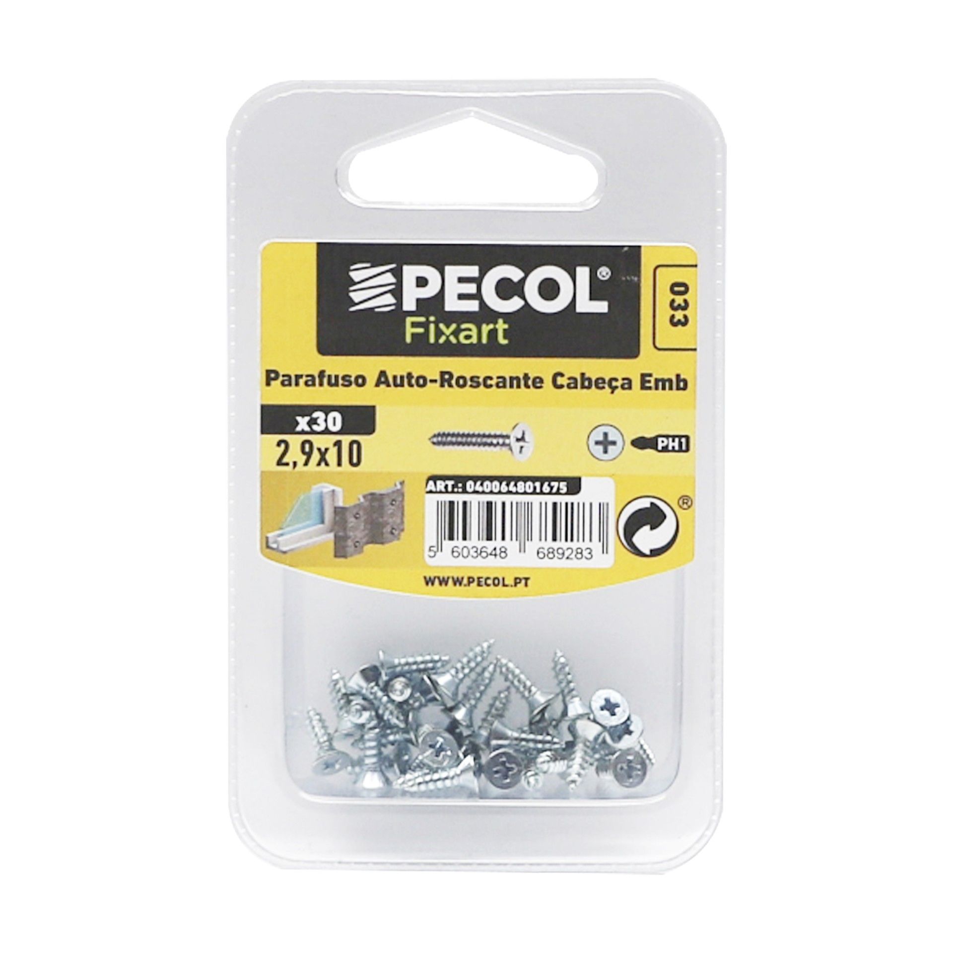 Parafuso P/Chapa Cabeça Embeber Aço Zn 2,9x10 Bl 30