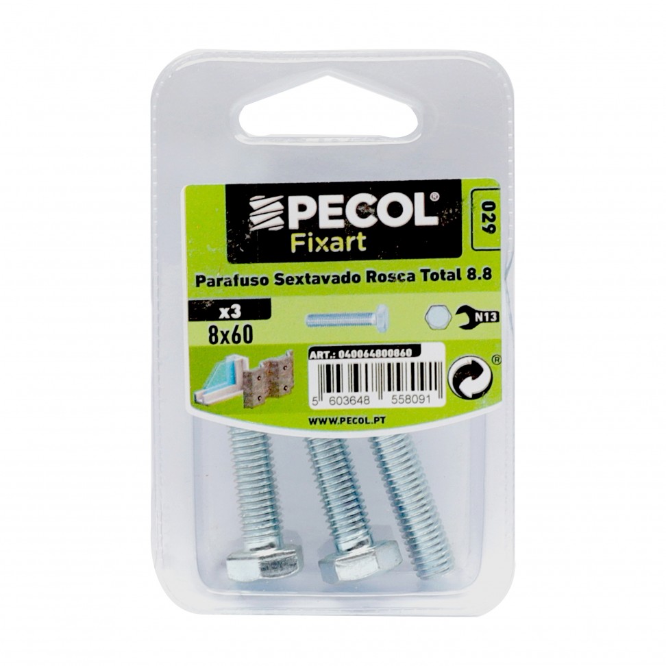 Parafuso Sextavado Rosca Total 8.8 M8x60 Aço P.A Bl3 - 10061142 - Maxmat