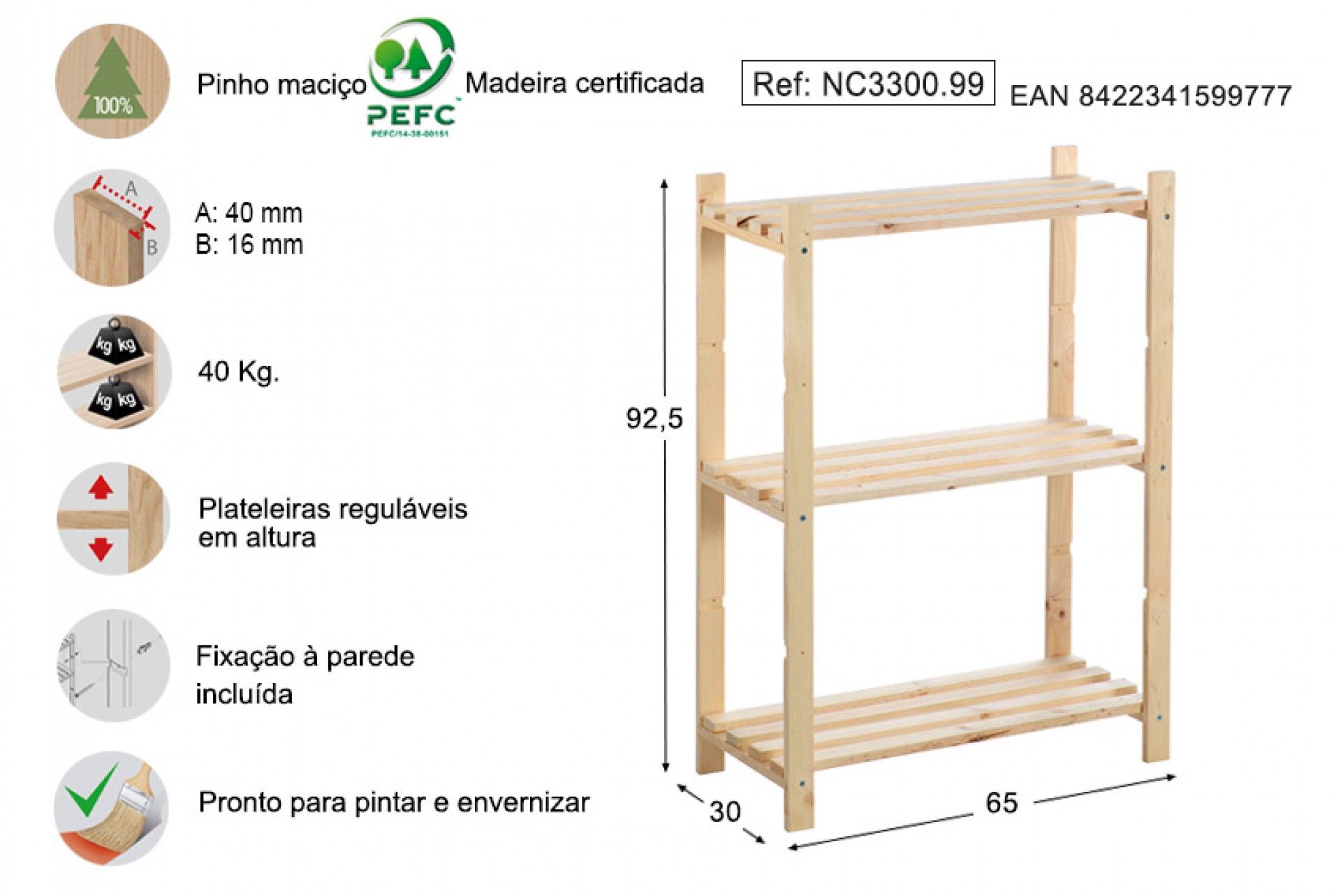 Estante Pinho 3 prateleiras 922x300x650mm