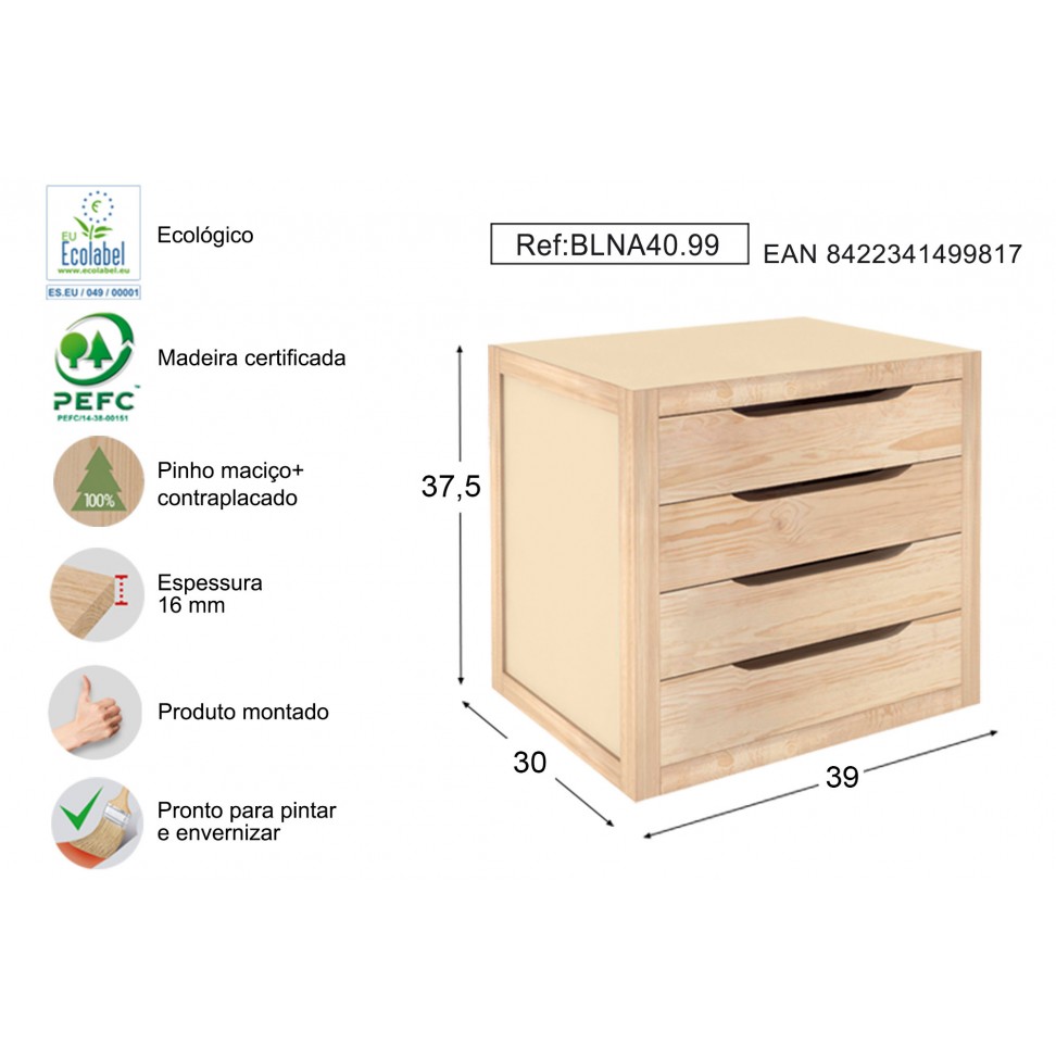 Módulo 4 Gavetas Pinho 390x300x375mm Módulo 4 Gavetas Pinho 390x300x375mm