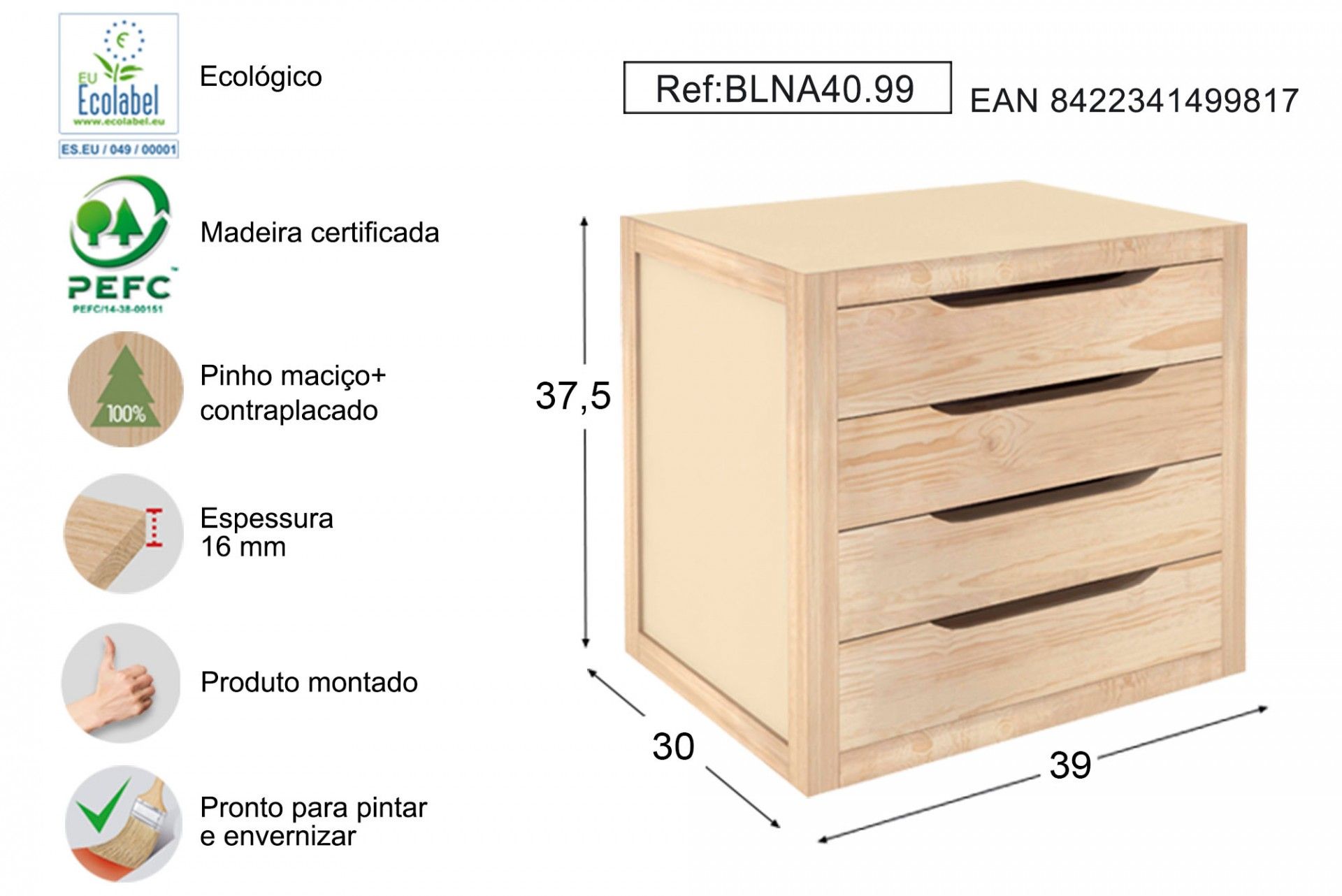 Módulo 4 Gavetas Pinho 390x300x375mm