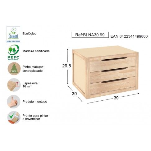 Módulo 3 Gavetas Pinho 390x300x295mm Módulo 3 Gavetas Pinho 390x300x295mm
