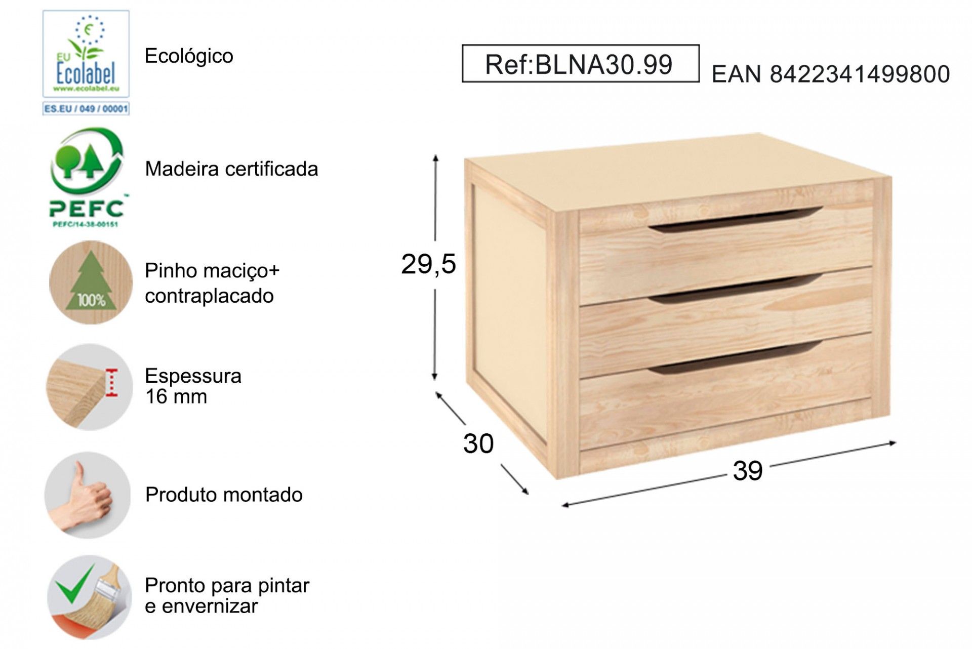 Módulo 3 Gavetas Pinho 390x300x295mm