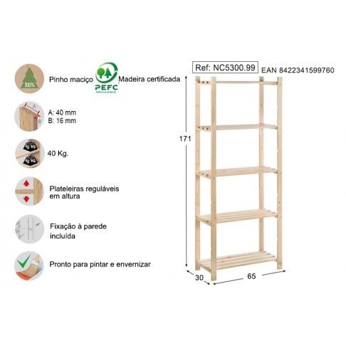 Estante Pinho 5 prateleiras 1710x300x650mm Estante Pinho 5 prateleiras 1710x300x650mm