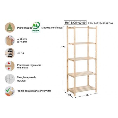 Estante Pinho 5 prateleiras 1710x400x650mm Estante Pinho 5 prateleiras 1710x400x650mm