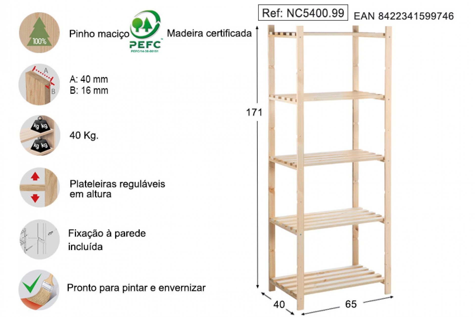 Estante Pinho 5 prateleiras 1710x400x650mm