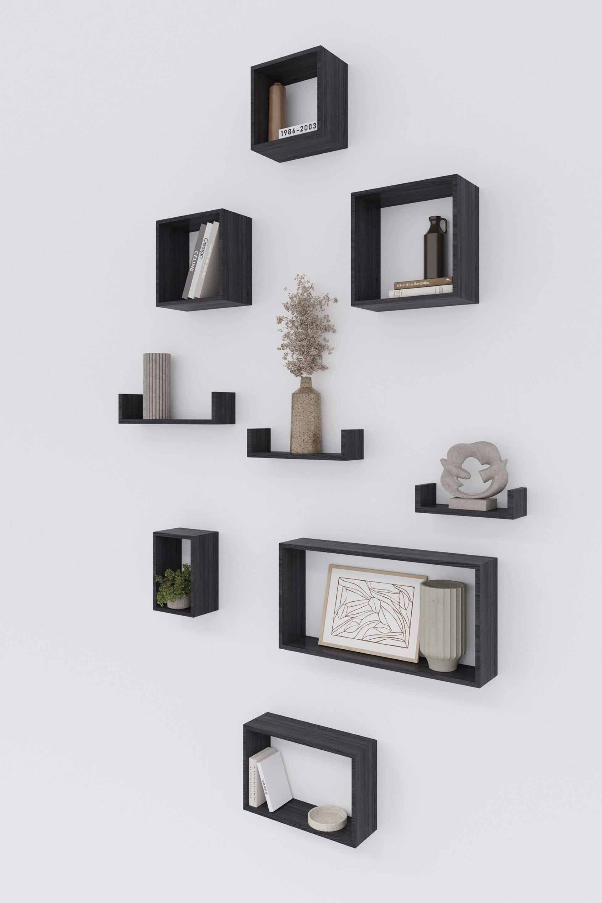 Conjunto 3 prateleiras em U 42x10x10cm Preta