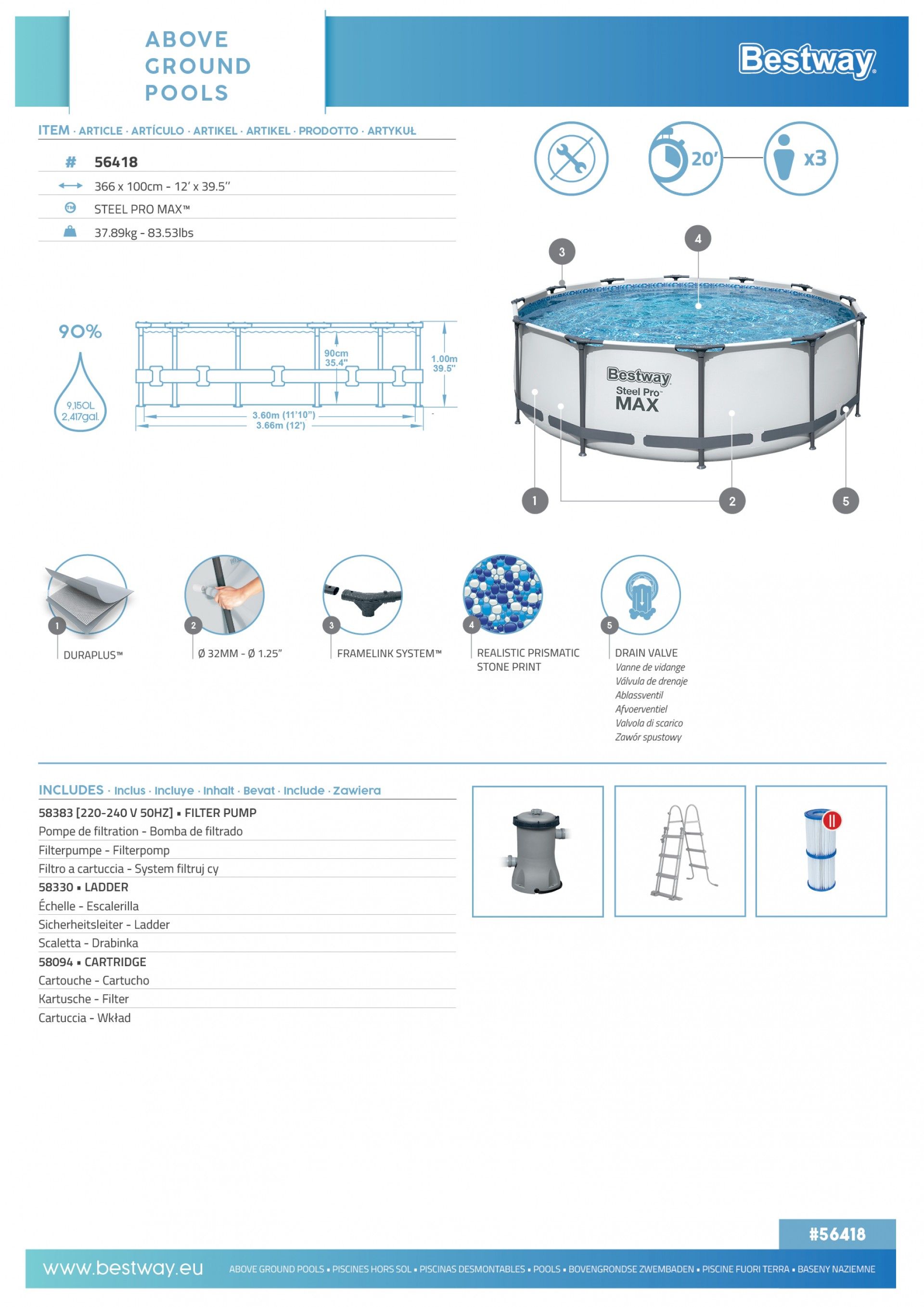 Piscina Redonda 366x100cm Metal