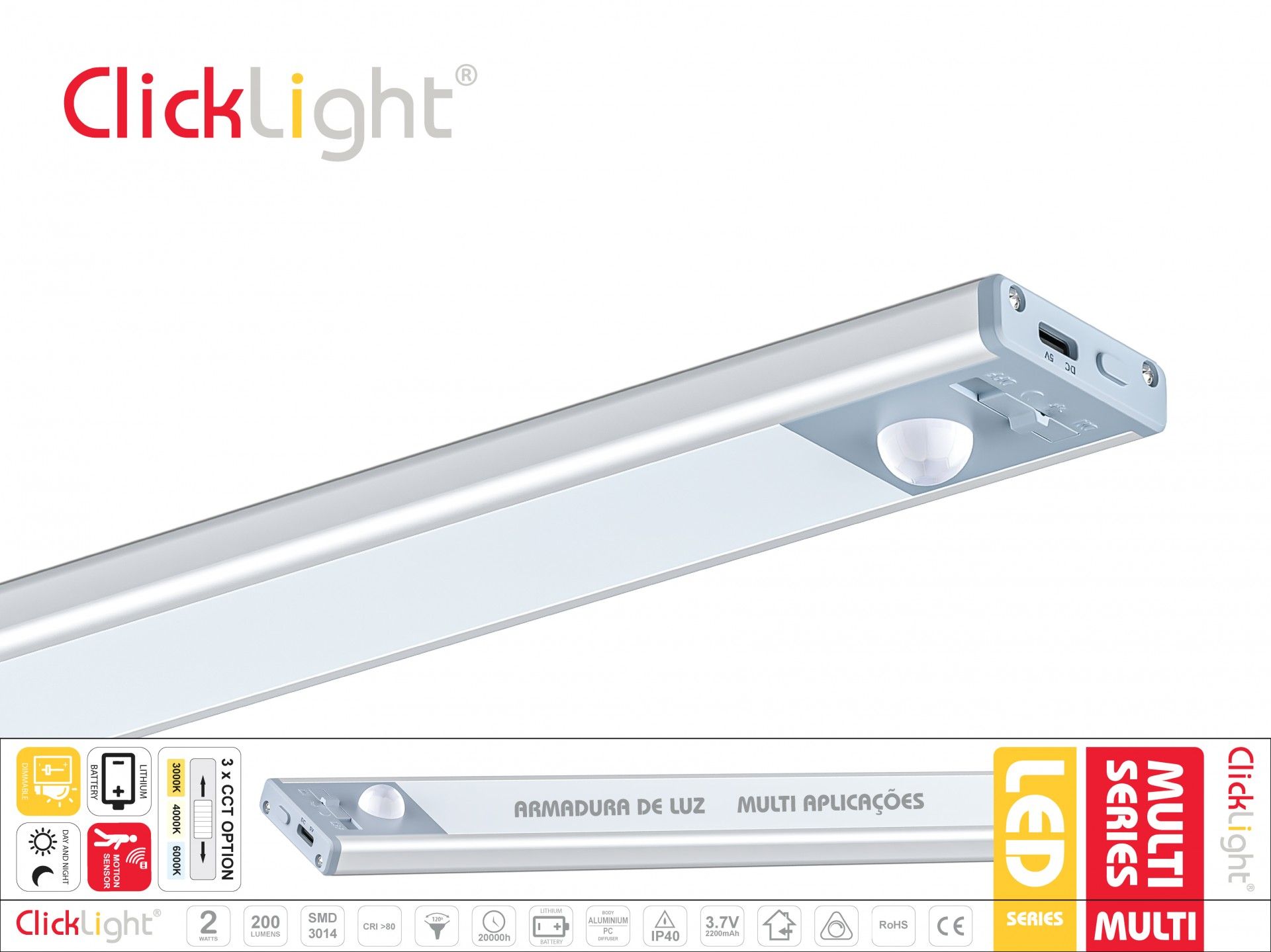 RÉGUA LED SLIM 2W 3CCT USB 40CM