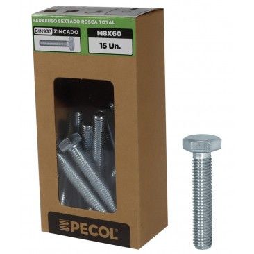 Parafuso Sextavado Rosca Total DIN933 8.8 Zinco M8X60 - Caixa15