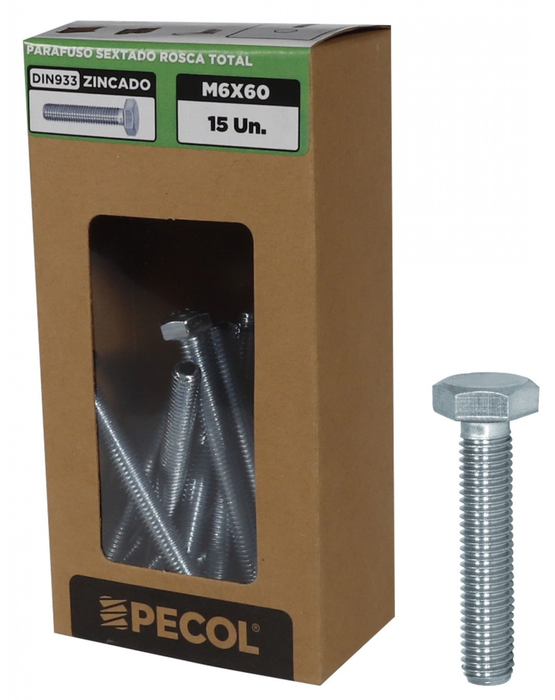 Parafuso Sextavado Rosca Total DIN933 8.8 Zinco M6X60 - Caixa15