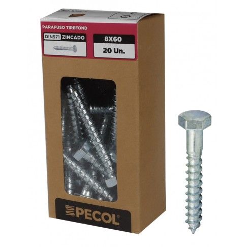 Parafuso Tirefond DIN571 Ferro Zinco 8X60 - Caixa 20 Parafuso Tirefond DIN571 Ferro Zinco 8X60 - Caixa 20