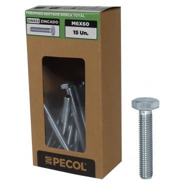 Parafuso Sextavado Rosca Total DIN933 8.8 Zinco M6X60 - Caixa15