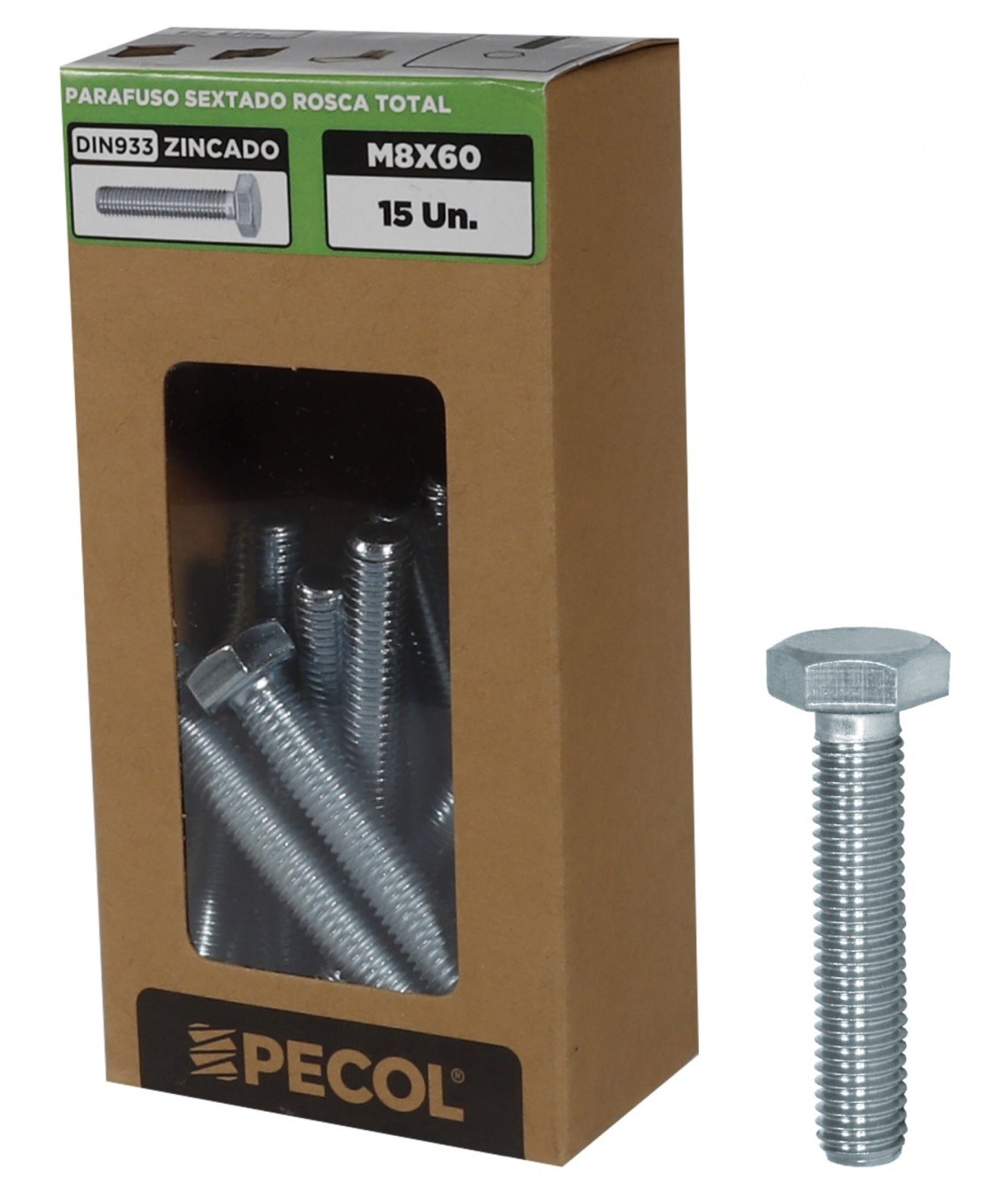 Parafuso Sextavado Rosca Total DIN933 8.8 Zinco M8X60 - Caixa15