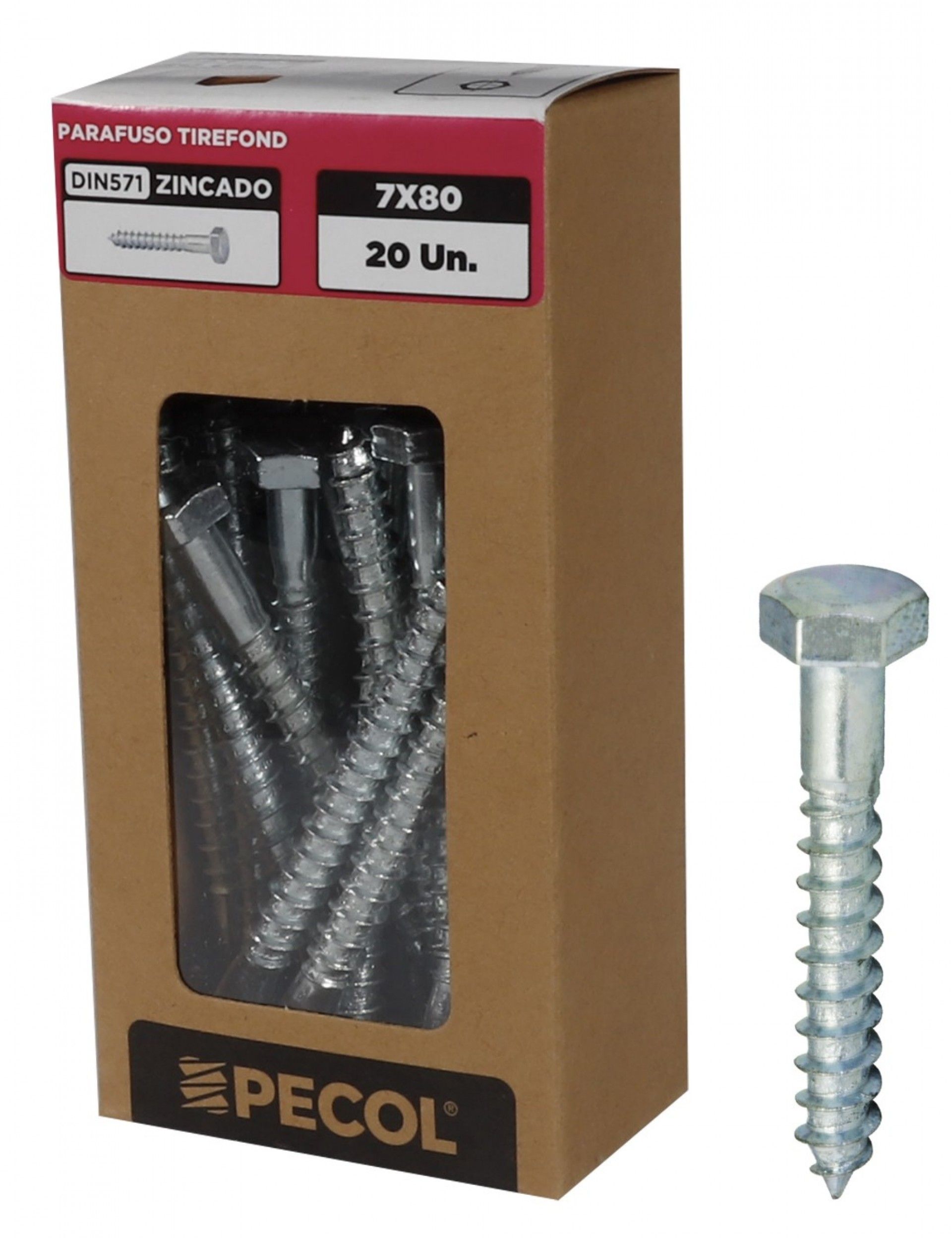 Parafuso Tirefond DIN571 Ferro Zinco 7X80 - Caixa 20