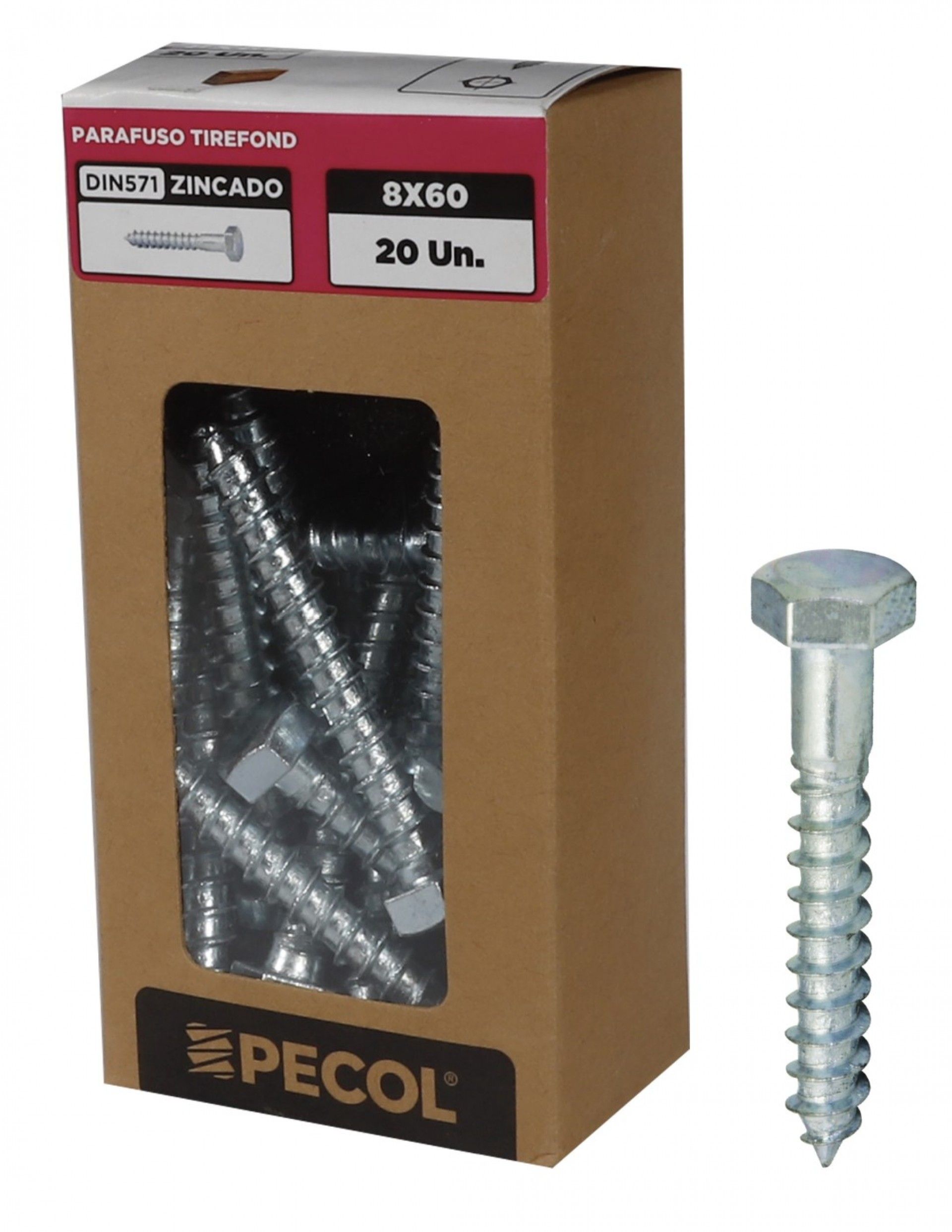 Parafuso Tirefond DIN571 Ferro Zinco 8X60 - Caixa 20