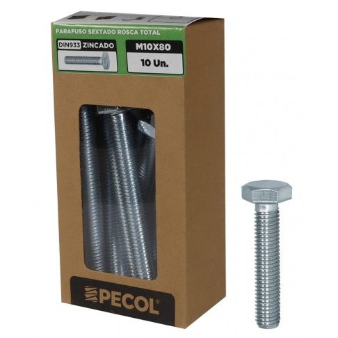Parafuso Sextavado Rosca Total DIN933 8.8 Zinco M10X80 - Caixa 10 Parafuso Sextavado Rosca Total DIN933 8.8 Zinco M10X80 - Caixa 10