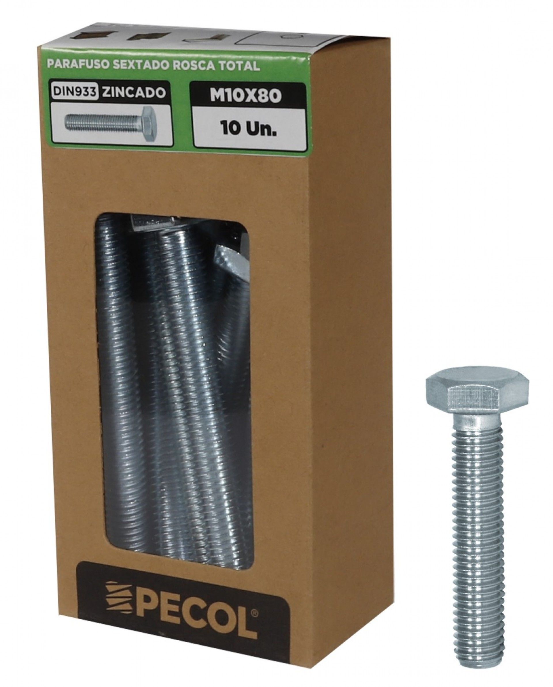 Parafuso Sextavado Rosca Total DIN933 8.8 Zinco M10X80 - Caixa 10