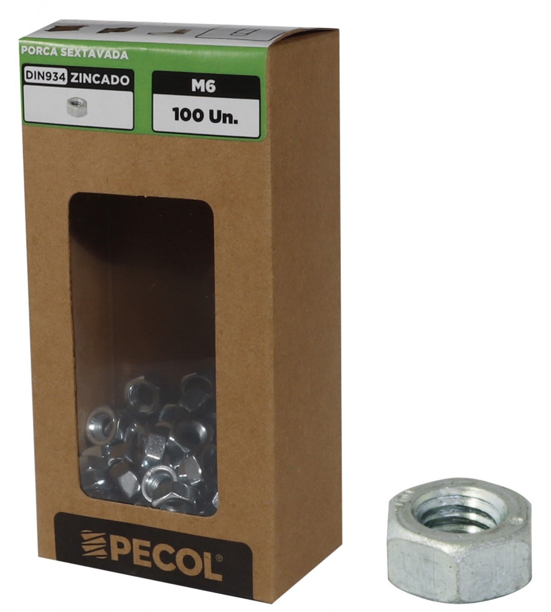 Porca Sextavada DIN934 |8| Zinco M6 - Caixa 100