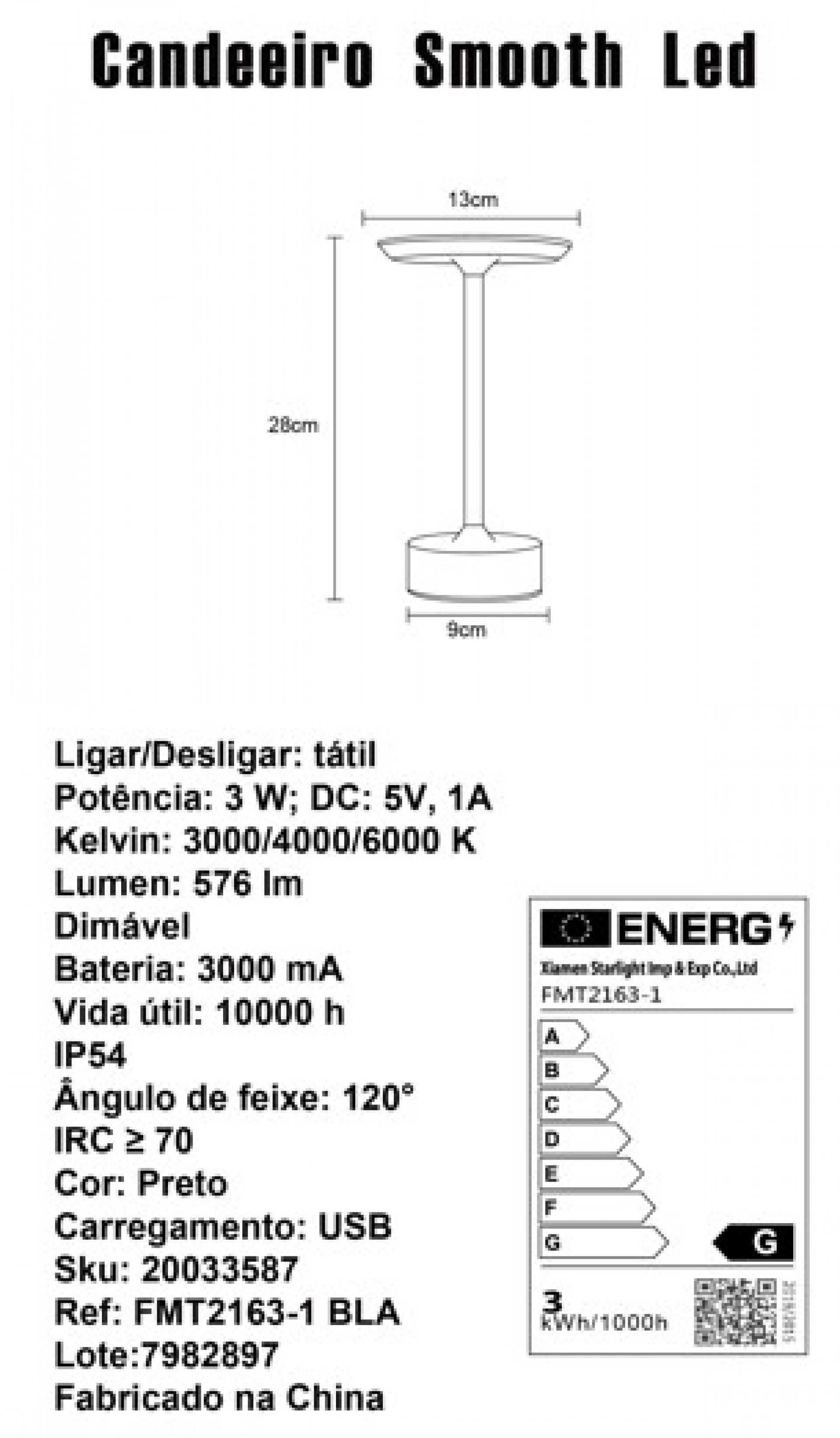 Candeeiro Mesa Smooth LED Interior/Exterior a Bateria Preto