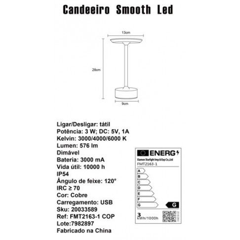 Candeeiro Mesa Smooth LED Interior/Exterior a Bateria Cobre