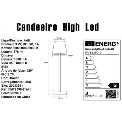 Candeeiro Mesa High Led Interior/Exterior a Bateria Branco Candeeiro Mesa High Led Interior/Exterior a Bateria Branco