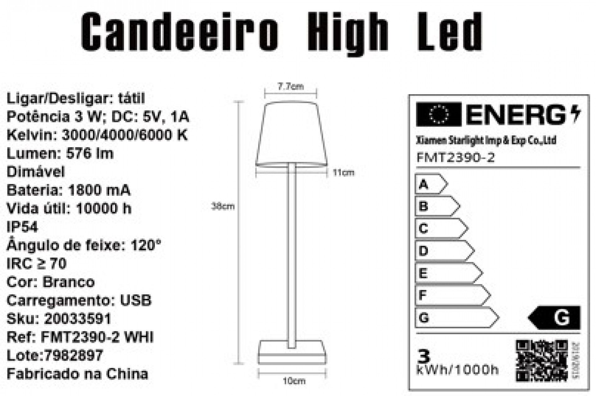 Candeeiro Mesa High Led Interior/Exterior a Bateria Branco