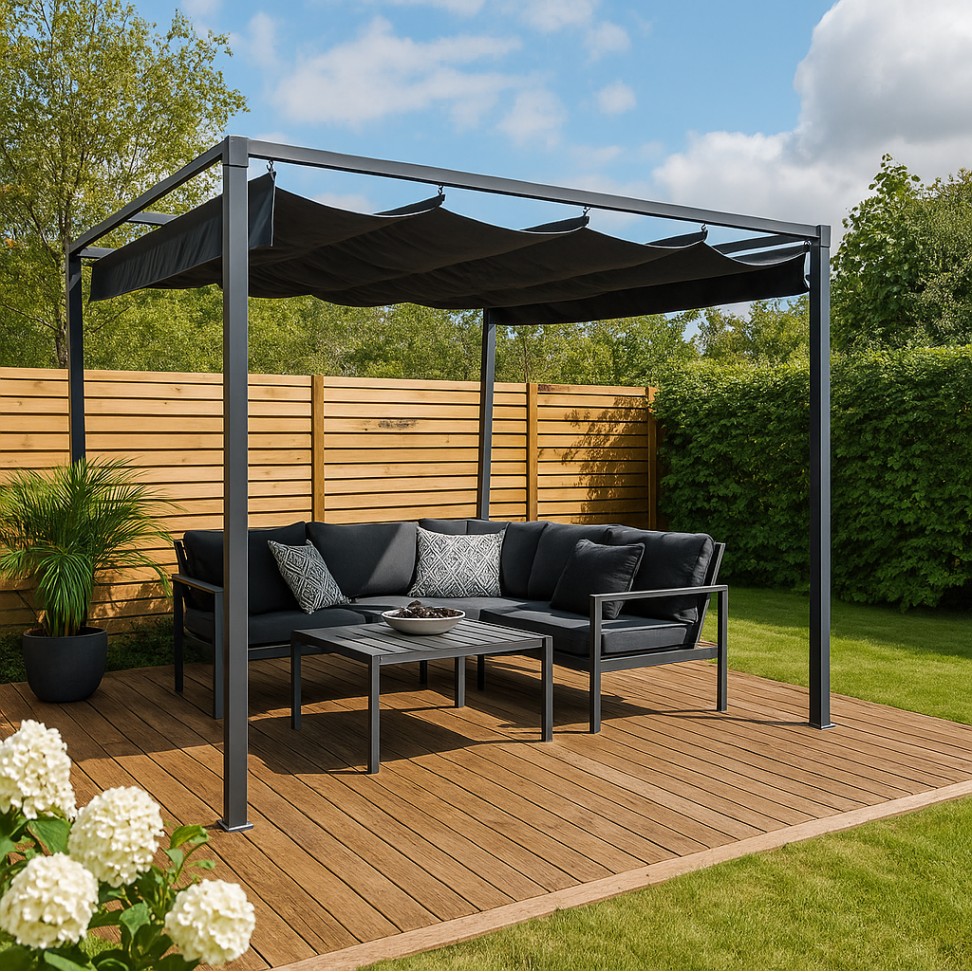 Pérgola Metal 3x3m Cinza: Cobertura Deslizante Pérgola Metal 3x3m Cinza: Cobertura Deslizante