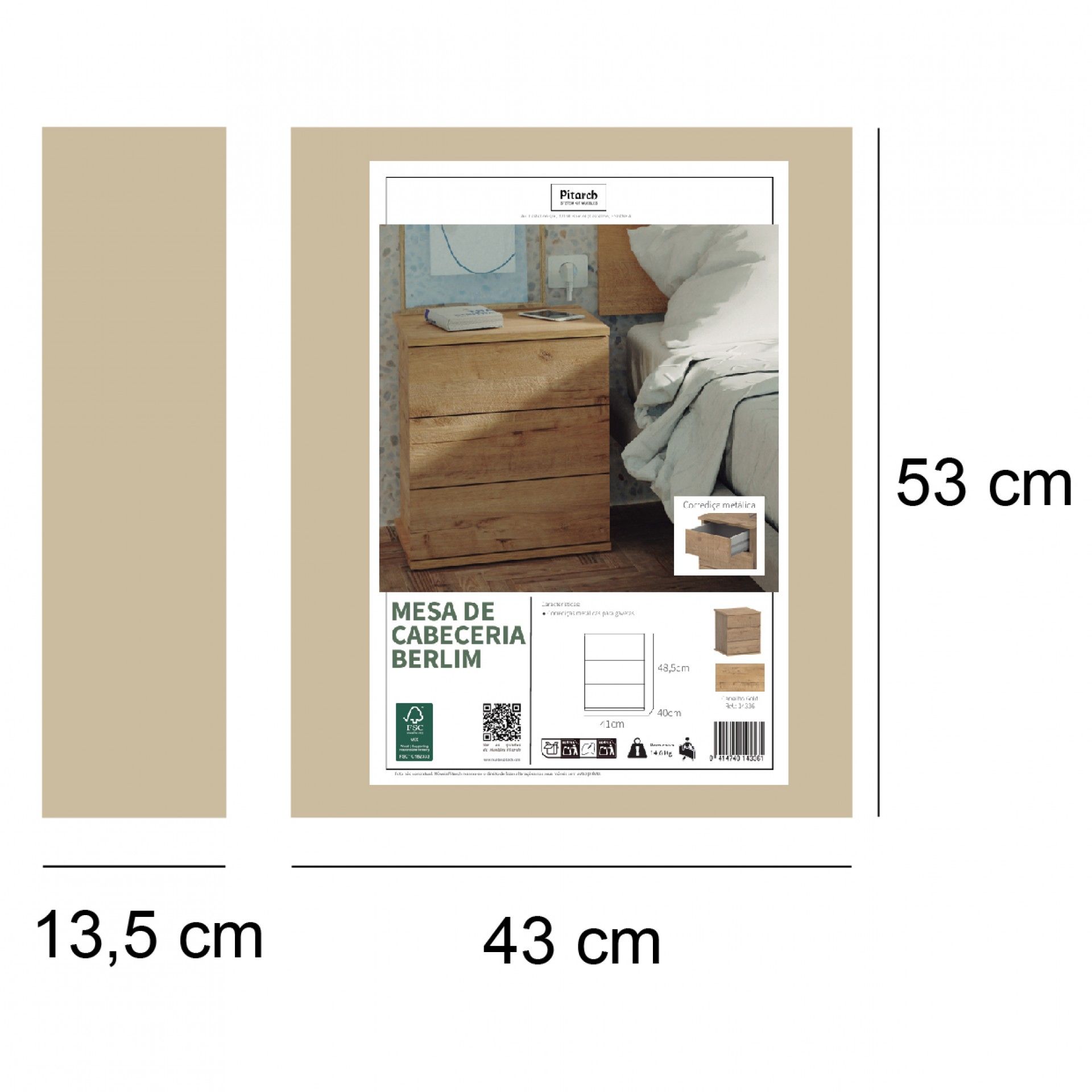 Mesa Cabeceira Berlim 41x48,5x40cm Carvalho Gold