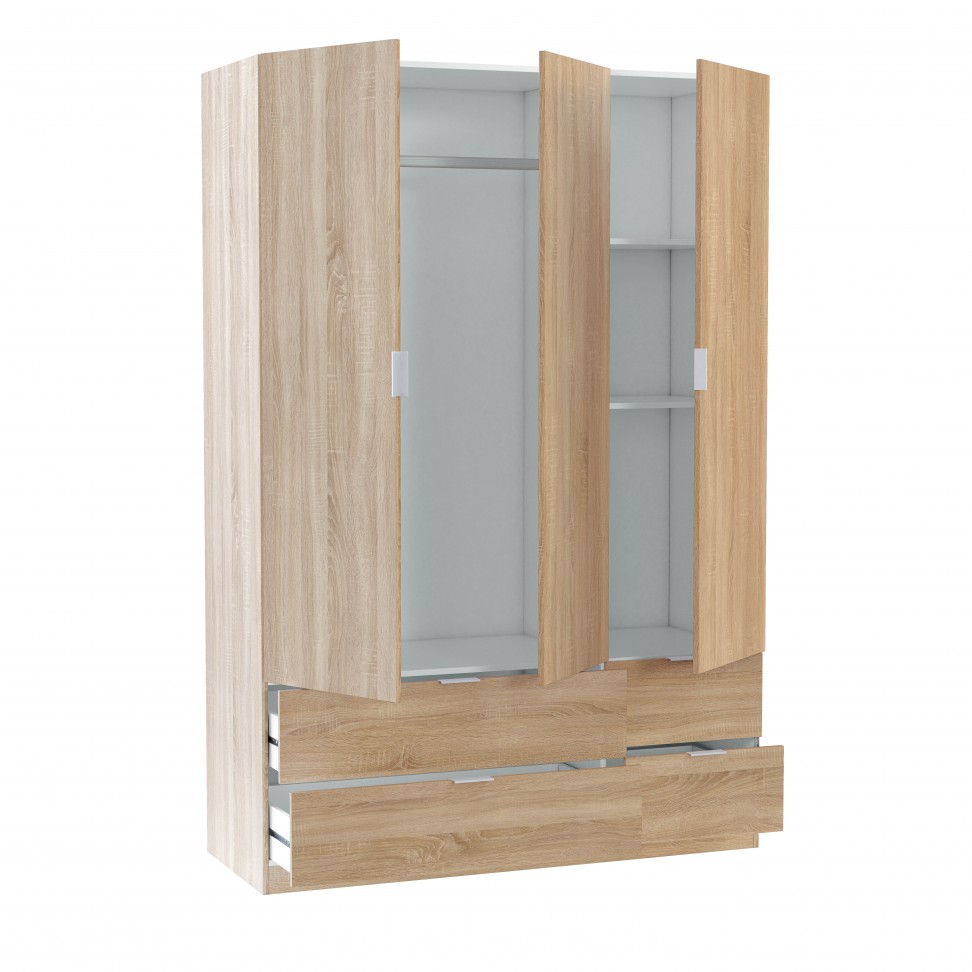 Roupeiro 3 portas e 4 gavetas 200x135x52cm Carvalho