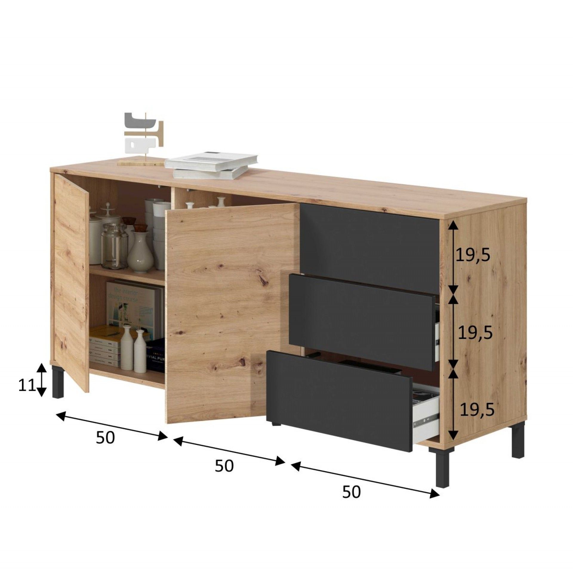 Aparador Brooklin 74x154x41cm Carvalho/ Cinza