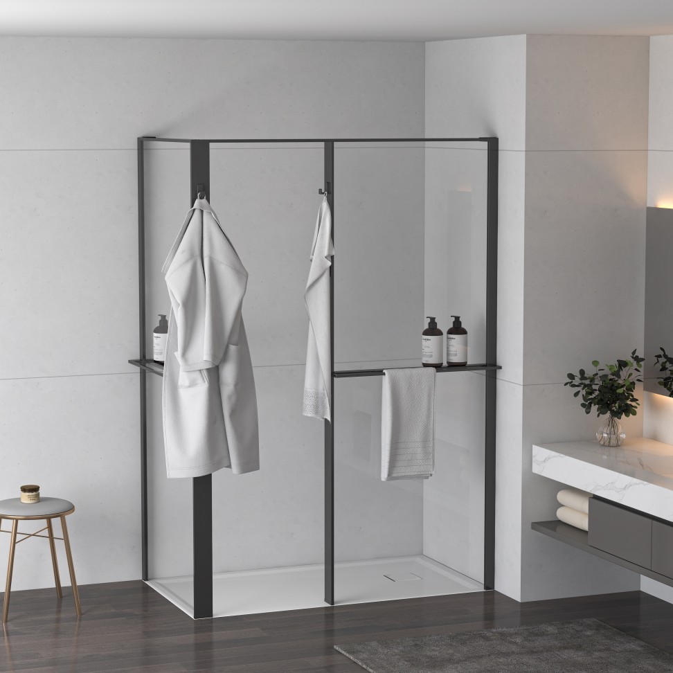 Painel Duche Walk In Transparente 195x140x80cm; Perfil Preto Painel Duche Walk In Transparente 195x140x80cm; Perfil Preto