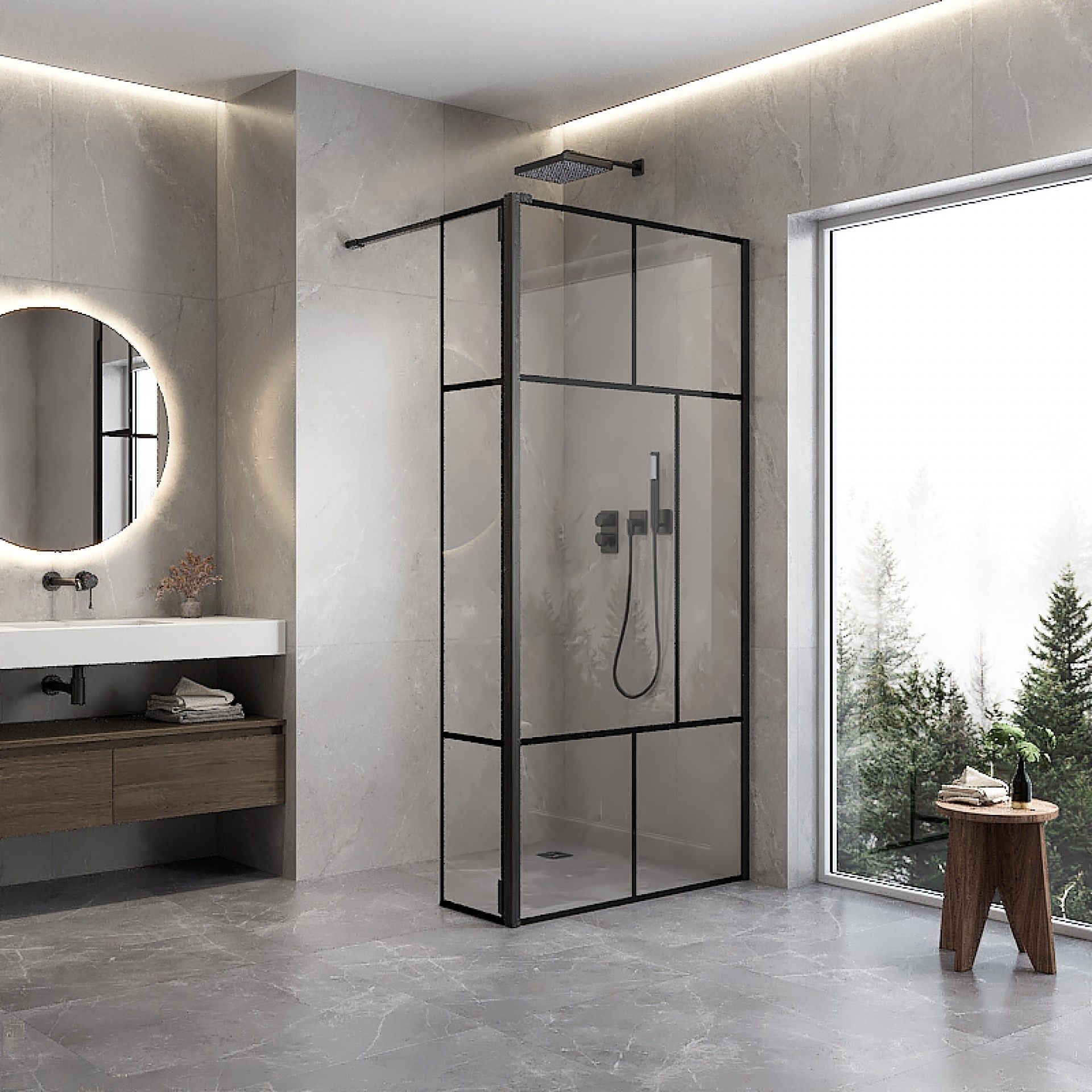 Painel Duche Haiti 120cm com Porta Vidro transparente Perfil preto