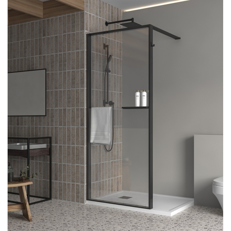 Painel Duche Walk In Transparente 200x100cm; Perfil Preto
