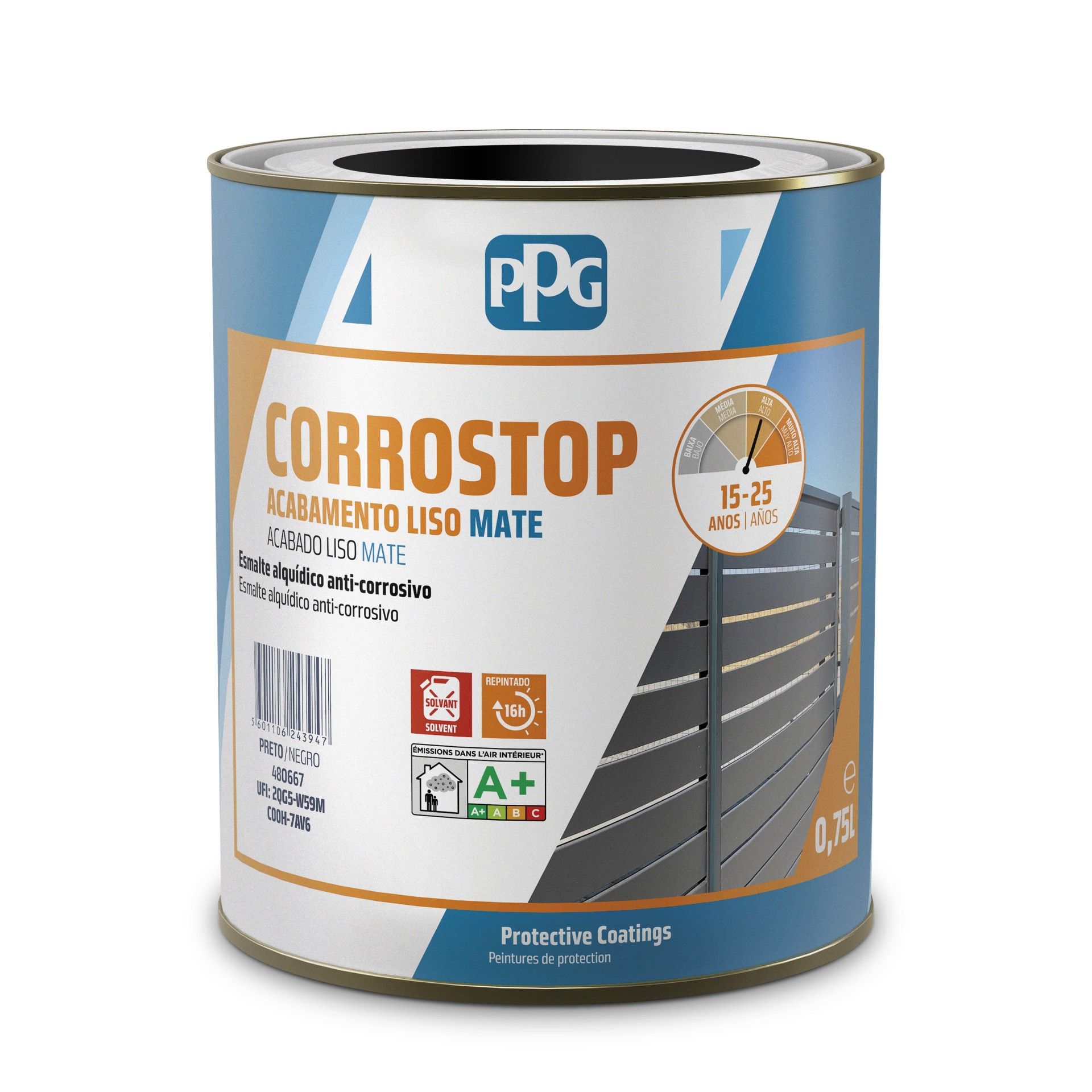 Esmalte Anti-corrosivo Corrostop Mate Preto 9005 0,75L