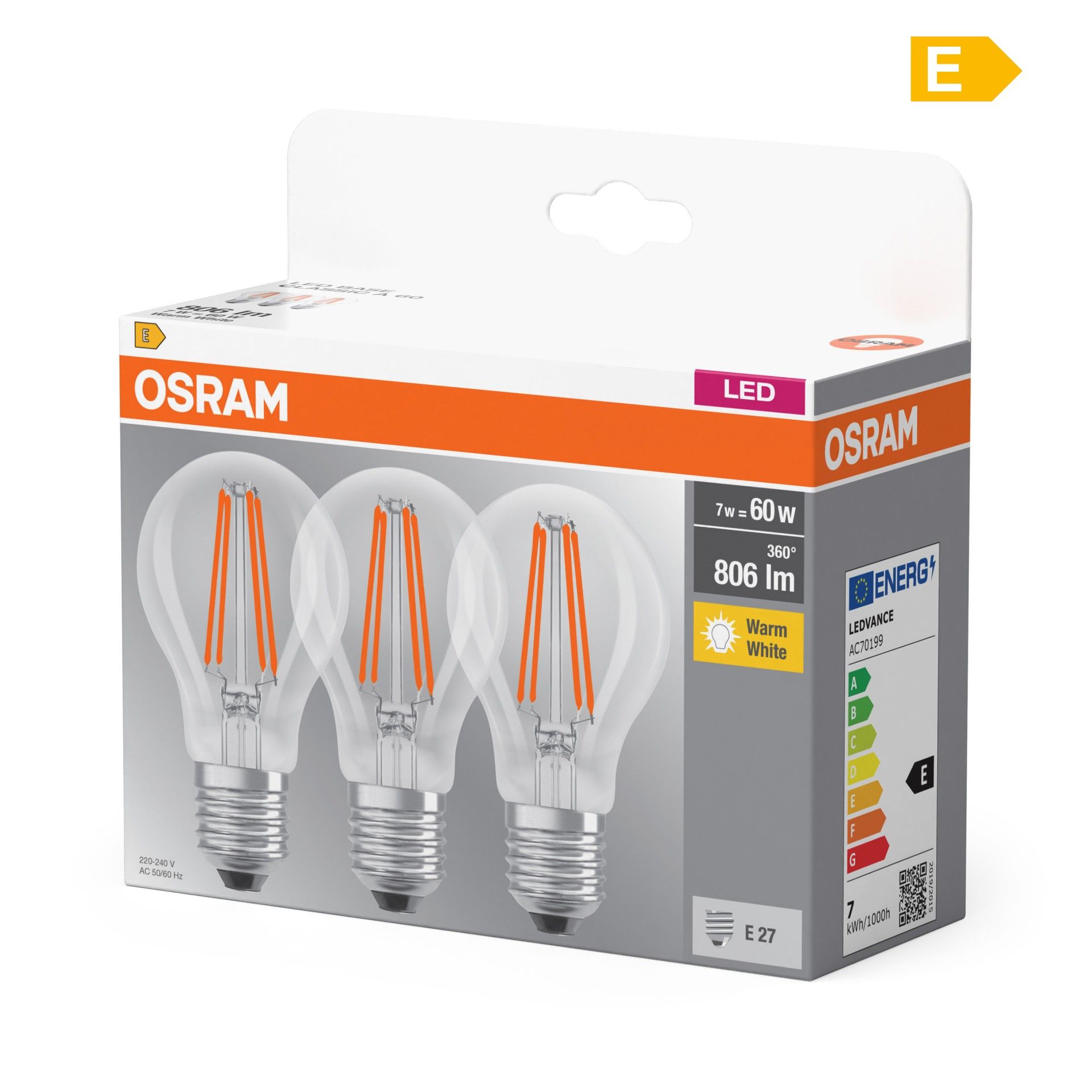 Lâmpada Led Osram E27 Fil 6.5w 2700k Pack 3 unidades