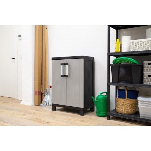 Armário Multiusos Baixo Garage PVC Cinzento e Preto Armário Multiusos Baixo Garage PVC Cinzento e Preto